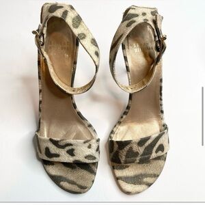 Stuart Weitzman DANIELA Golden Pantera Lame Leather Open Toe Heel Animal Print